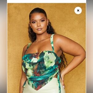 Plus Green Abstract Print Mesh Layered Corset Top